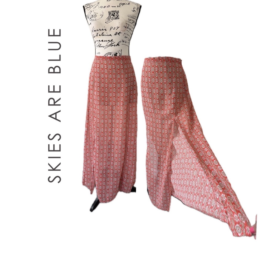 Skies Are Blue Red Boho‎ Ikat Print Maxi Skirt with High Slit Small 50489